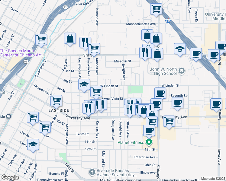 map of restaurants, bars, coffee shops, grocery stores, and more near 3544 Douglass Avenue in Riverside