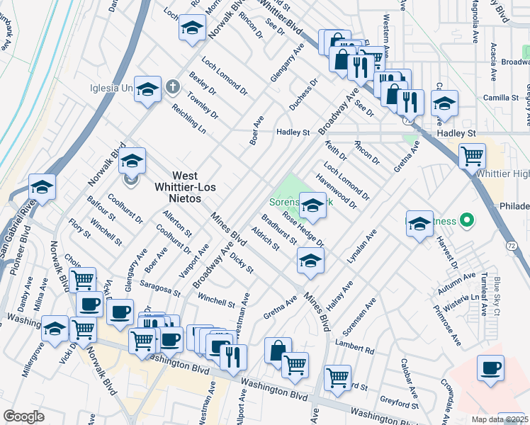 map of restaurants, bars, coffee shops, grocery stores, and more near 11409 Bradhurst Street in Whittier
