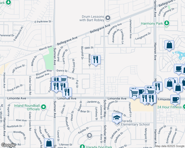 map of restaurants, bars, coffee shops, grocery stores, and more near 5974 Silveira Street in Eastvale