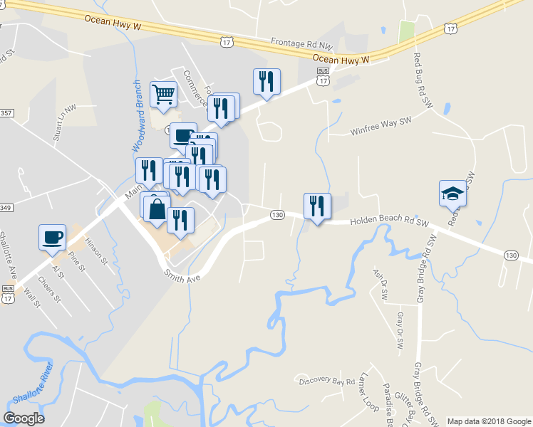 map of restaurants, bars, coffee shops, grocery stores, and more near 218 Holden Beach Road in Shallotte