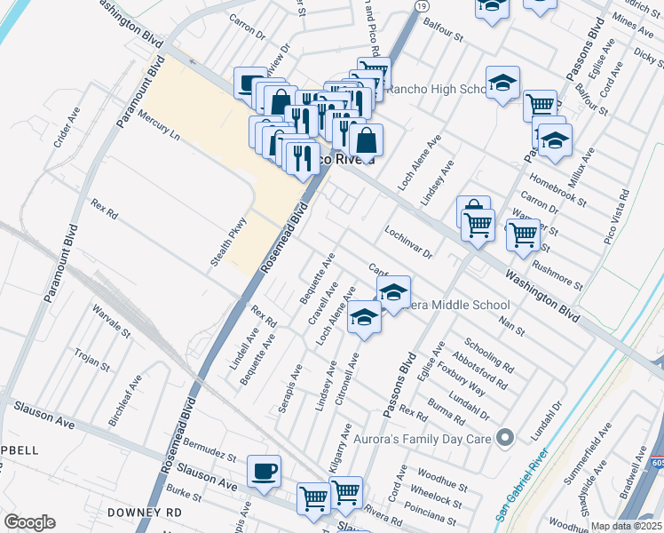map of restaurants, bars, coffee shops, grocery stores, and more near 9102 Danbridge Street in Pico Rivera