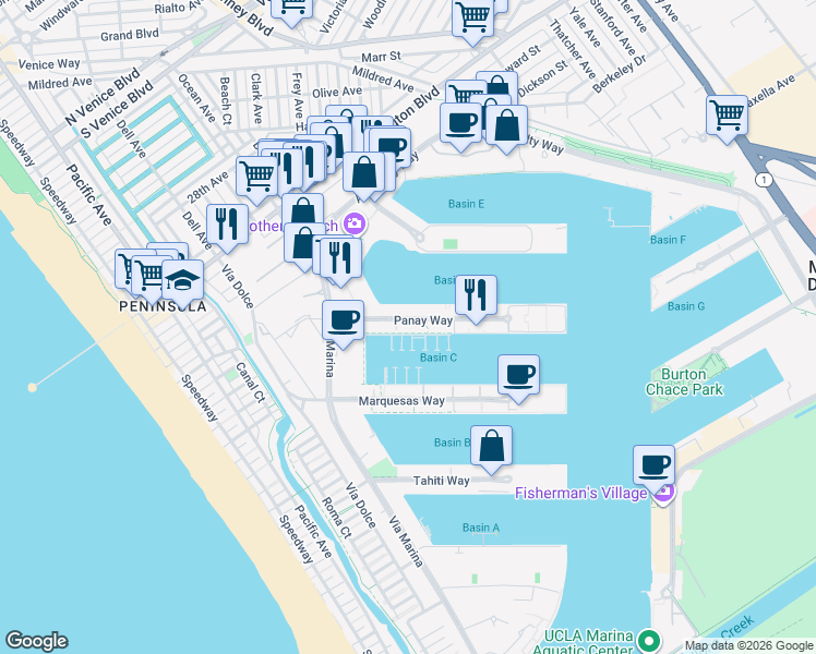 map of restaurants, bars, coffee shops, grocery stores, and more near 14040 Panay Way in Marina del Rey