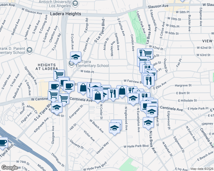 map of restaurants, bars, coffee shops, grocery stores, and more near 405 West Ellis Avenue in Inglewood
