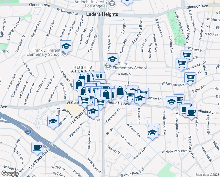map of restaurants, bars, coffee shops, grocery stores, and more near 616 West Ellis Avenue in Inglewood