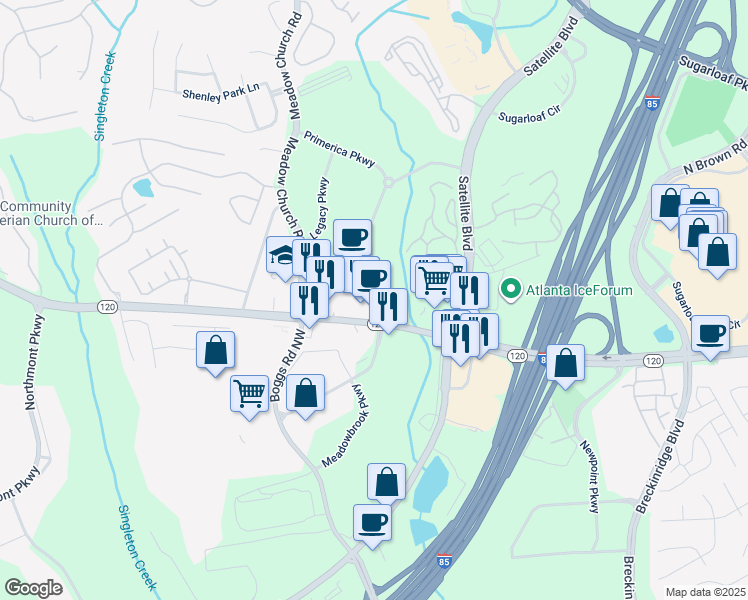 map of restaurants, bars, coffee shops, grocery stores, and more near 46 Primerica Parkway in Duluth