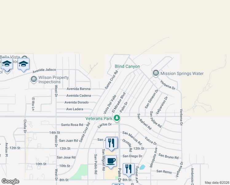 map of restaurants, bars, coffee shops, grocery stores, and more near 9577 Vista Del Valle in Desert Hot Springs