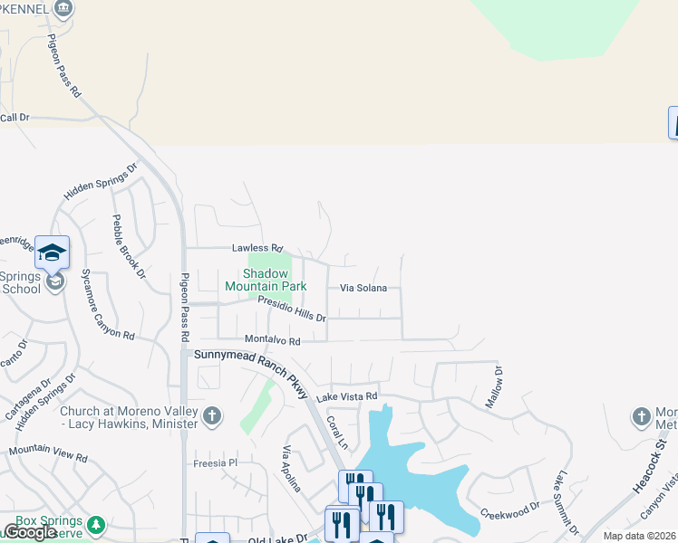 map of restaurants, bars, coffee shops, grocery stores, and more near 23456 Lawless Road in Moreno Valley