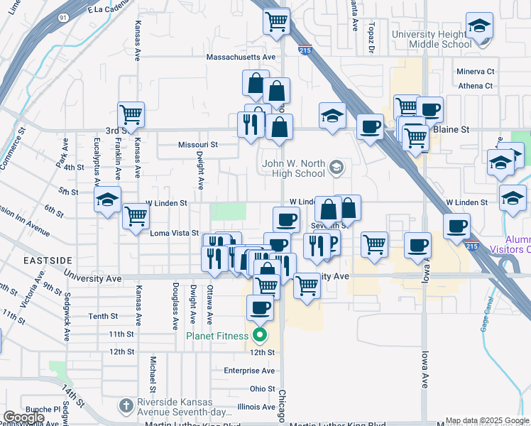 map of restaurants, bars, coffee shops, grocery stores, and more near 3546 Lou Ella Lane in Riverside