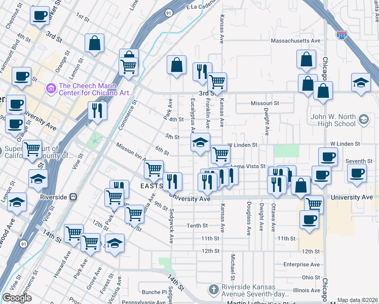 map of restaurants, bars, coffee shops, grocery stores, and more near 2326 5th Street in Riverside