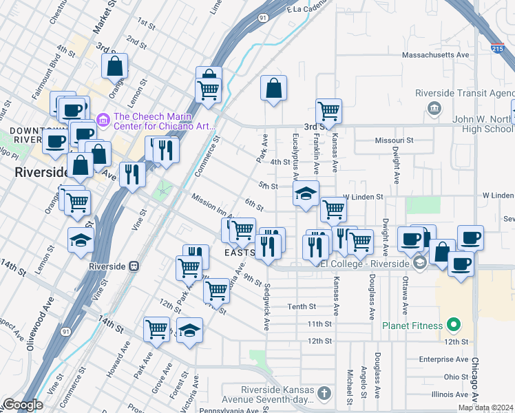 map of restaurants, bars, coffee shops, grocery stores, and more near 2526 5th Street in Riverside