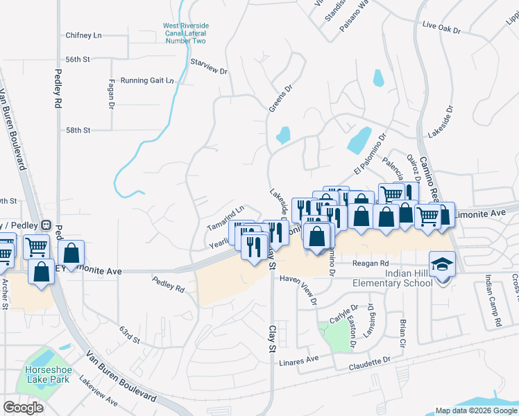 map of restaurants, bars, coffee shops, grocery stores, and more near 8255 Tamarind Lane in Riverside