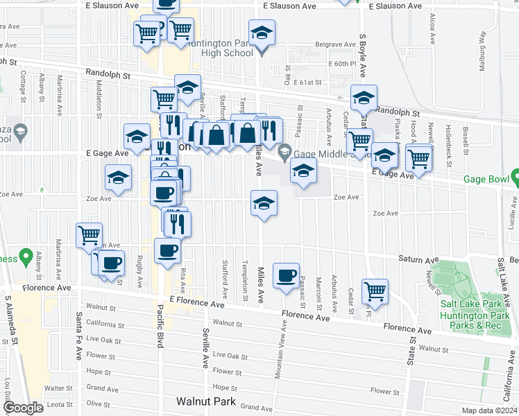 map of restaurants, bars, coffee shops, grocery stores, and more near 2821A Zoe Avenue in Huntington Park