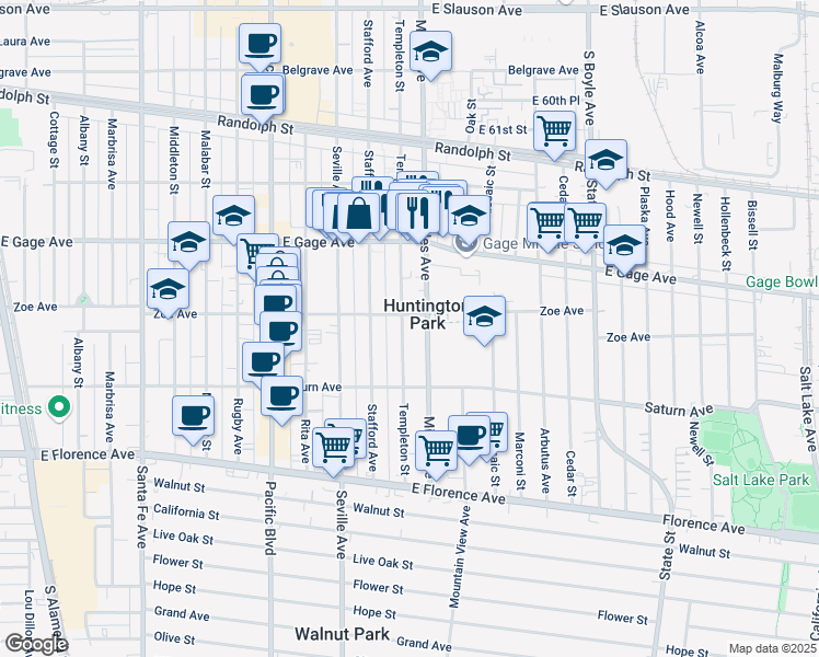 map of restaurants, bars, coffee shops, grocery stores, and more near in Huntington Park