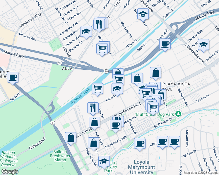 map of restaurants, bars, coffee shops, grocery stores, and more near 5301 Beethoven St in Los Angeles