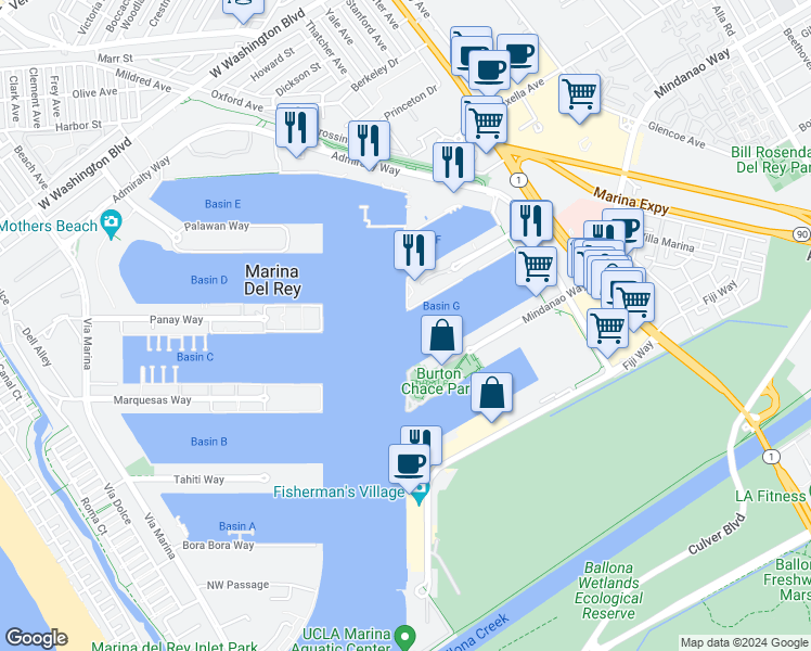 map of restaurants, bars, coffee shops, grocery stores, and more near 13534 Bali Way in Marina del Rey