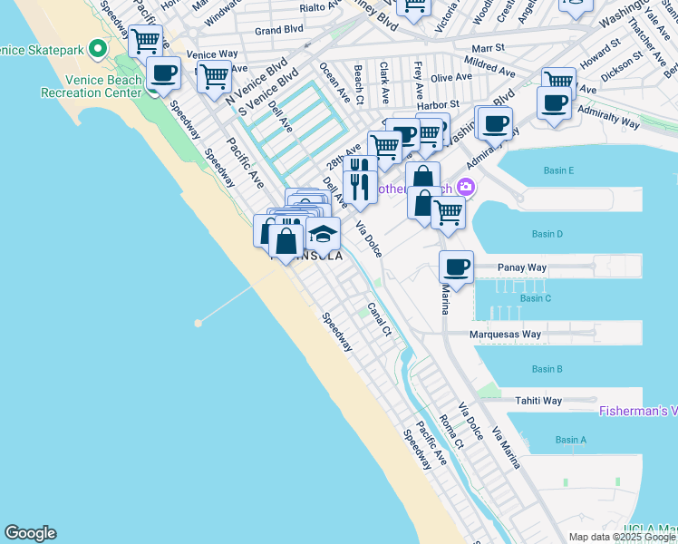 map of restaurants, bars, coffee shops, grocery stores, and more near 3115 Strongs Drive in Marina del Rey
