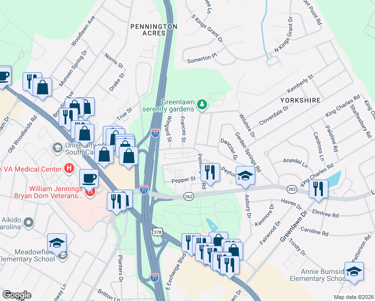 map of restaurants, bars, coffee shops, grocery stores, and more near 6735 Frances Street in Columbia