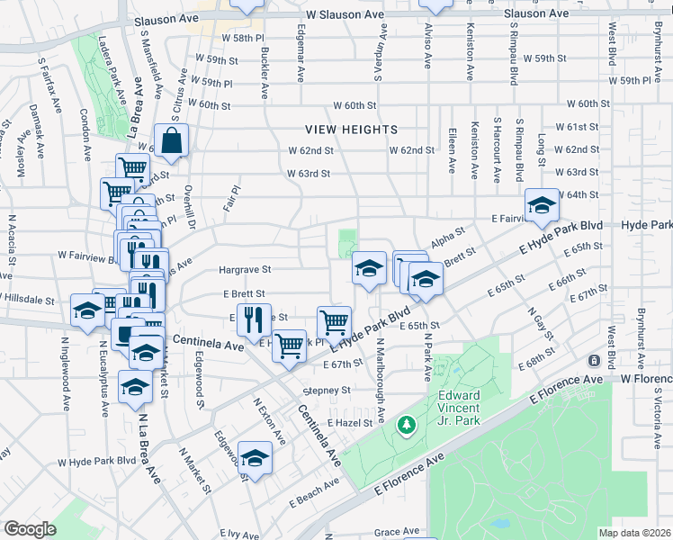 map of restaurants, bars, coffee shops, grocery stores, and more near 1256 Welton Way in Inglewood