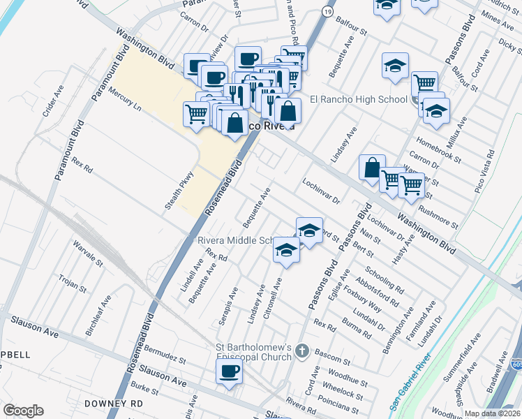 map of restaurants, bars, coffee shops, grocery stores, and more near in Pico Rivera