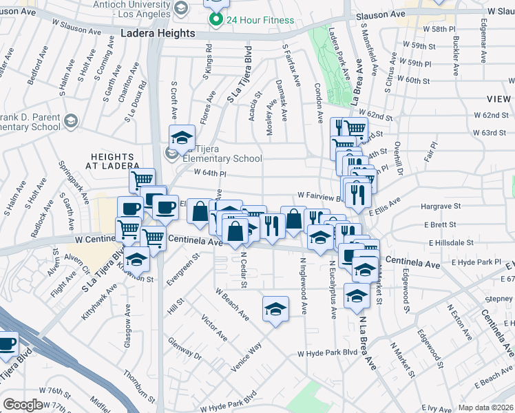 map of restaurants, bars, coffee shops, grocery stores, and more near 405 West Ellis Avenue in Inglewood
