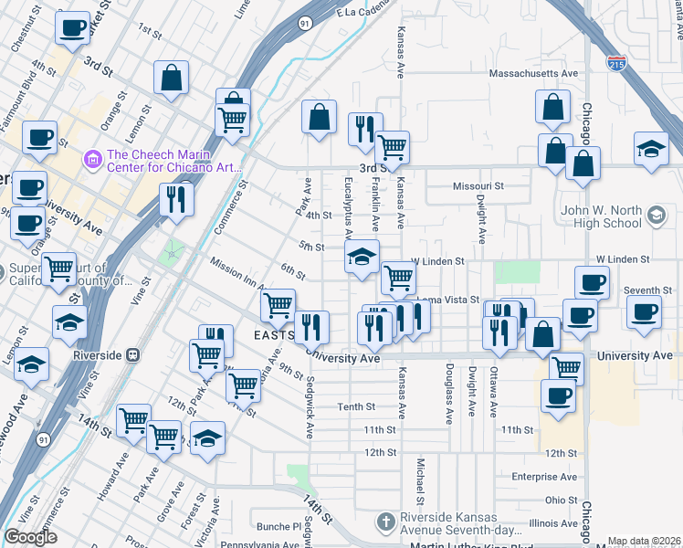 map of restaurants, bars, coffee shops, grocery stores, and more near 2326 5th Street in Riverside