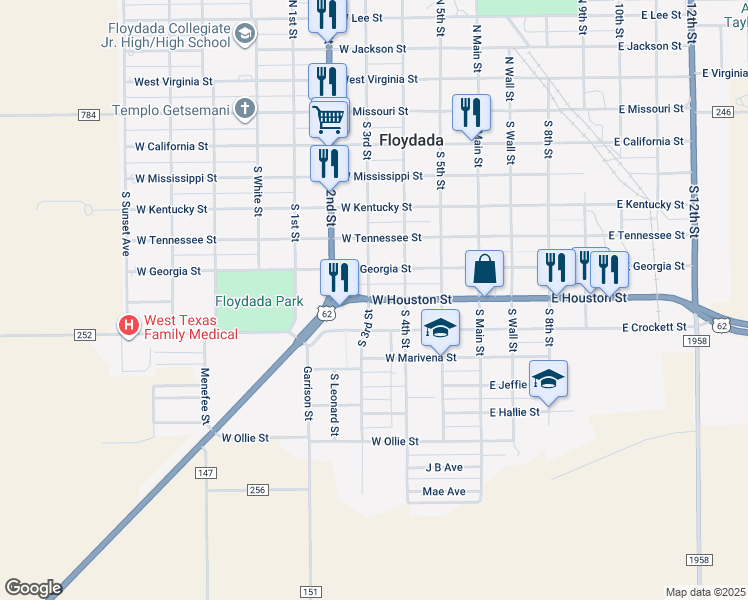 map of restaurants, bars, coffee shops, grocery stores, and more near U.S. Highway 62 in Floydada