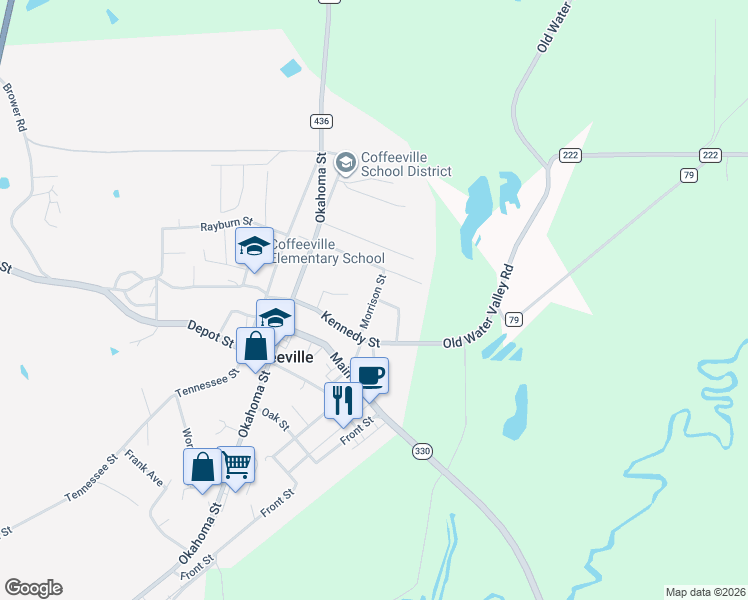 map of restaurants, bars, coffee shops, grocery stores, and more near Morrison Street in Coffeeville