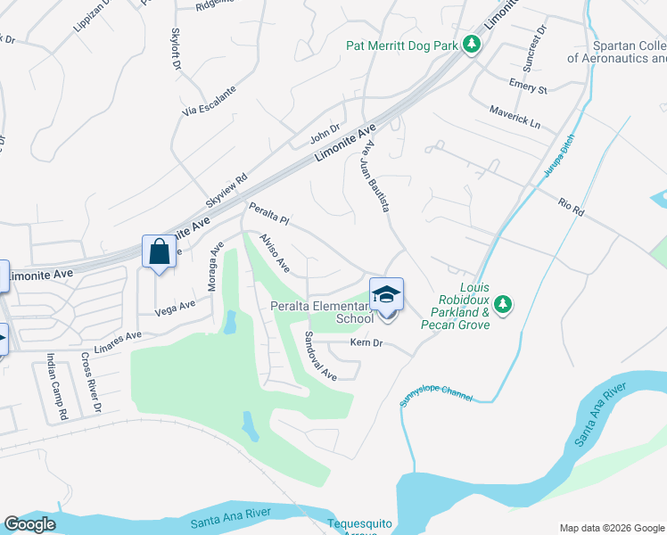 map of restaurants, bars, coffee shops, grocery stores, and more near 6890 Peralta Place in Riverside
