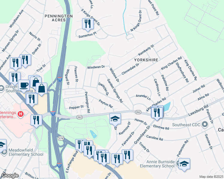 map of restaurants, bars, coffee shops, grocery stores, and more near 160 Garden Springs Road in Columbia