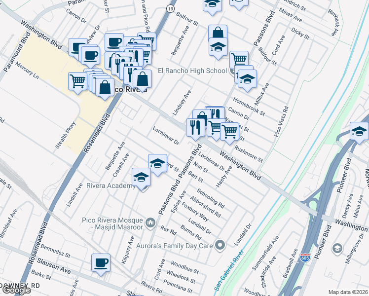 map of restaurants, bars, coffee shops, grocery stores, and more near 7036 Kilgarry Avenue in Pico Rivera