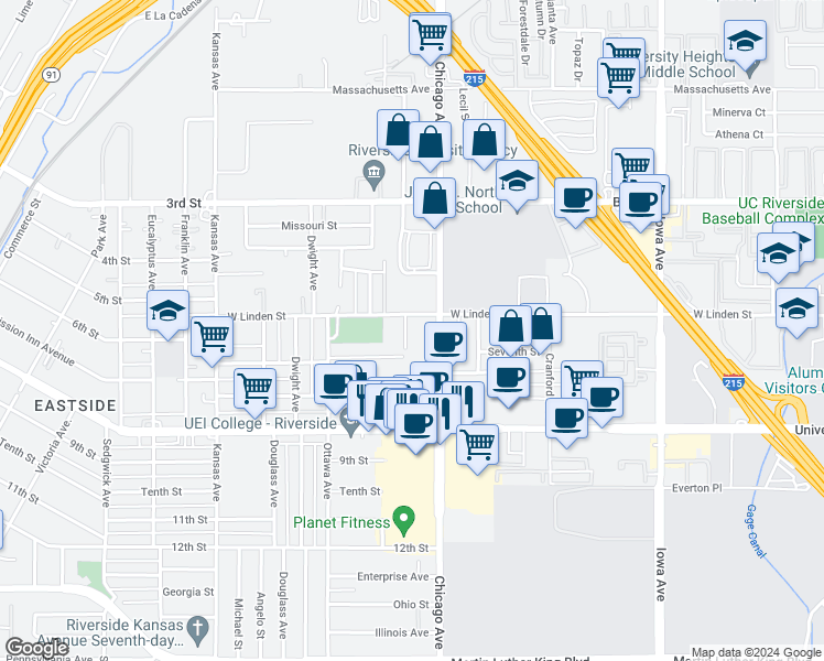 map of restaurants, bars, coffee shops, grocery stores, and more near 3518 Lou Ella Lane in Riverside