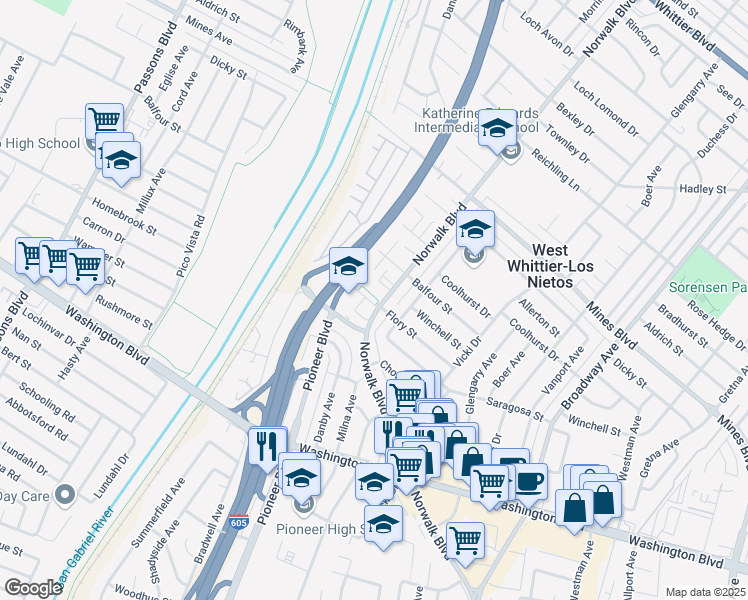 map of restaurants, bars, coffee shops, grocery stores, and more near 7351 Norwalk Boulevard in Whittier