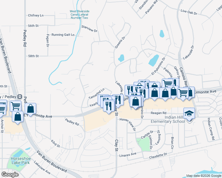 map of restaurants, bars, coffee shops, grocery stores, and more near 8255 Tamarind Lane in Riverside