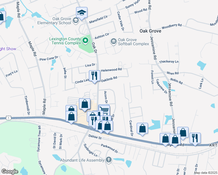 map of restaurants, bars, coffee shops, grocery stores, and more near 236 Oakwood Drive in Lexington