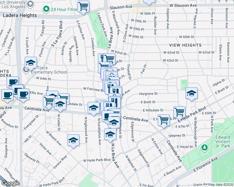 map of restaurants, bars, coffee shops, grocery stores, and more near 1209 Forest Street in Inglewood