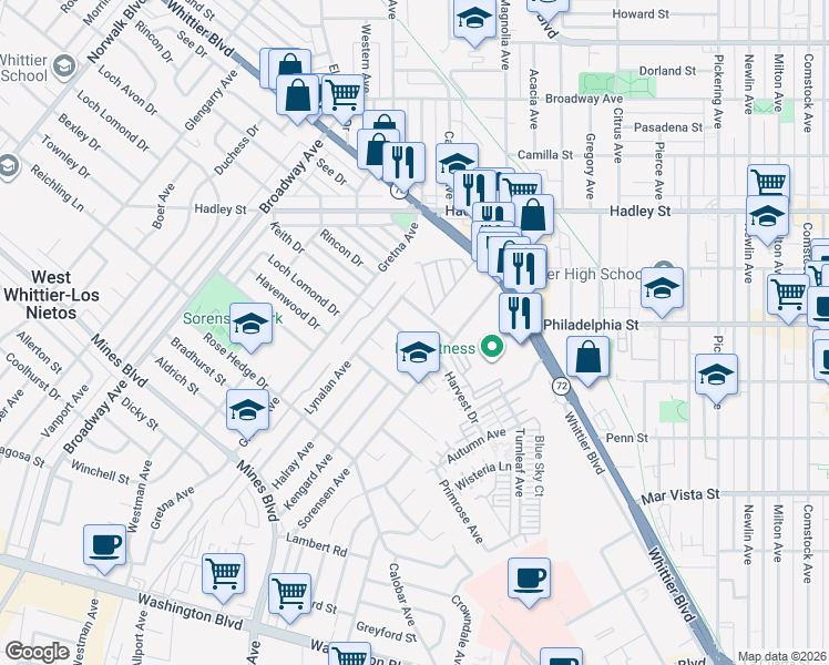 map of restaurants, bars, coffee shops, grocery stores, and more near 11735 Keith Drive in Whittier