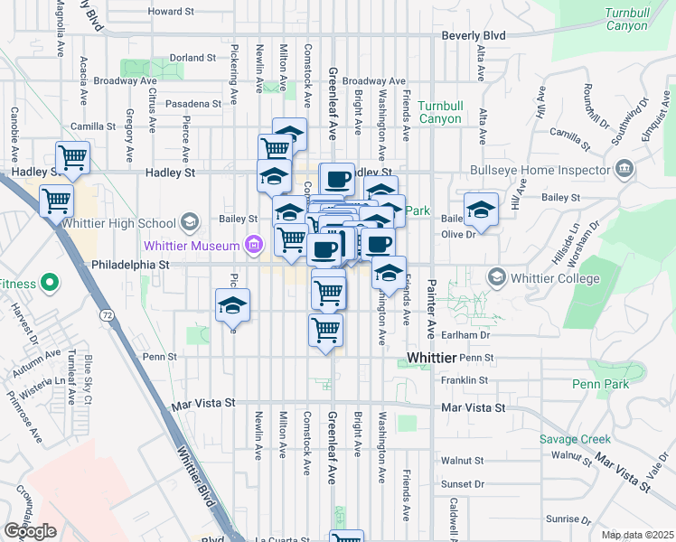 map of restaurants, bars, coffee shops, grocery stores, and more near 6745 Bright Avenue in Whittier