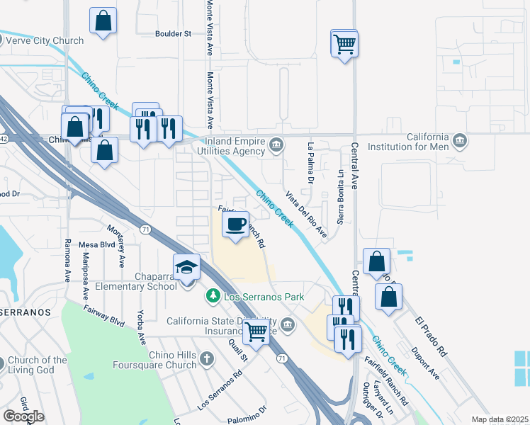 map of restaurants, bars, coffee shops, grocery stores, and more near 15101 Fairfield Ranch Road in Chino Hills