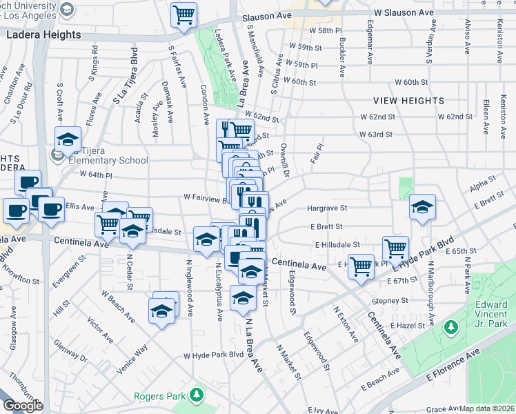 map of restaurants, bars, coffee shops, grocery stores, and more near 1209 Forest Street in Inglewood