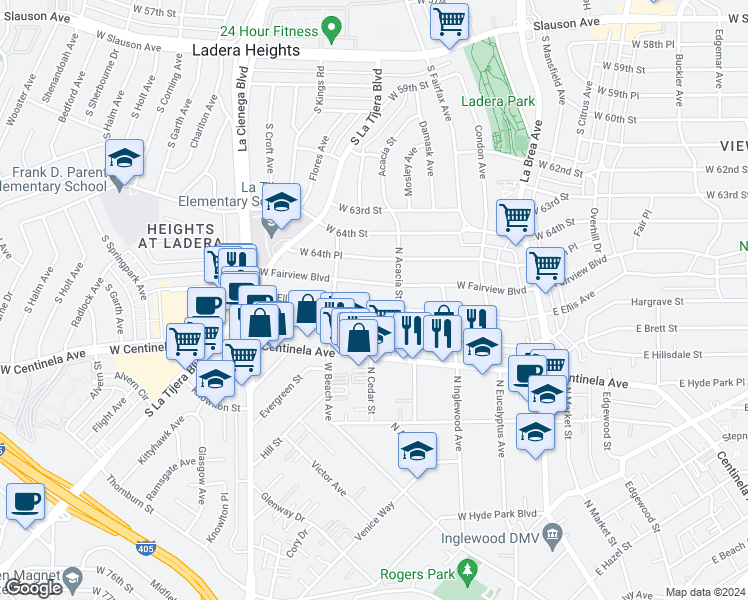 map of restaurants, bars, coffee shops, grocery stores, and more near 423 West Ellis Avenue in Inglewood
