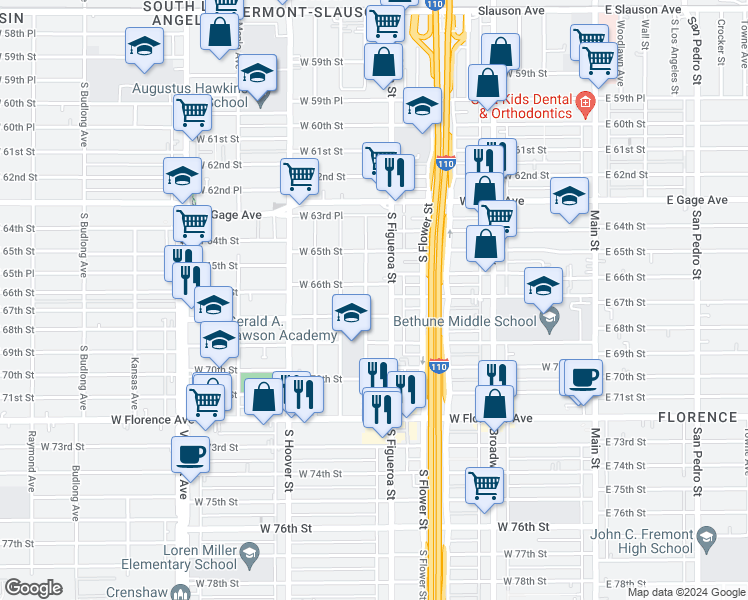 map of restaurants, bars, coffee shops, grocery stores, and more near 6616 Denver Avenue in Los Angeles