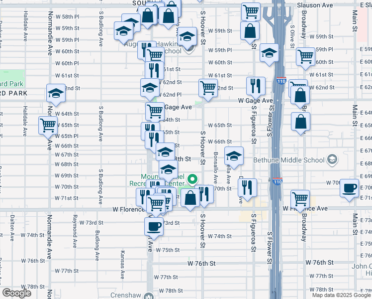 map of restaurants, bars, coffee shops, grocery stores, and more near 833 West 66th Street in Los Angeles