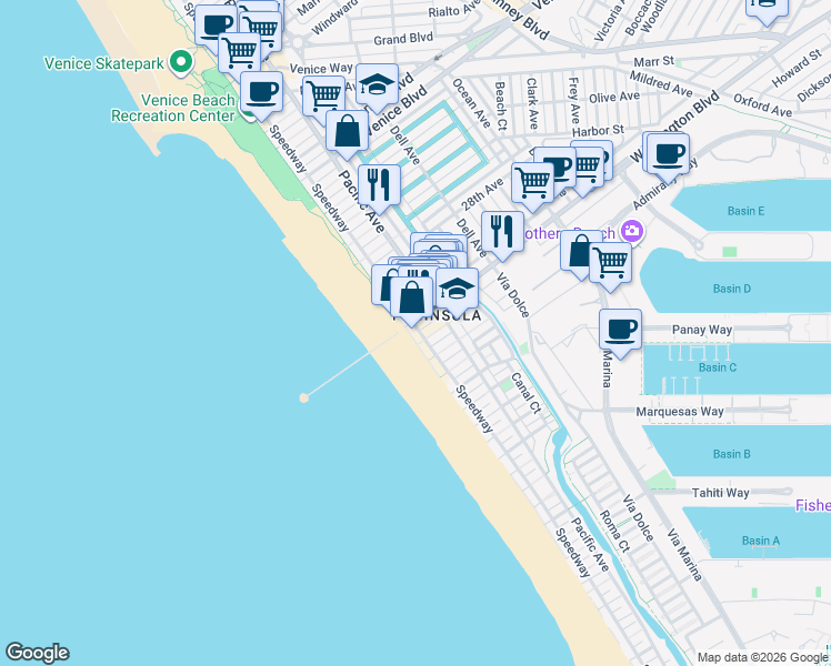 map of restaurants, bars, coffee shops, grocery stores, and more near 3007 Ocean Front Walk in Los Angeles