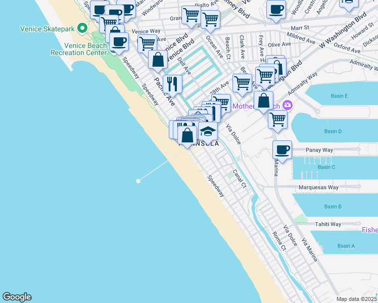 map of restaurants, bars, coffee shops, grocery stores, and more near 3111 Ocean Front Walk in Marina del Rey