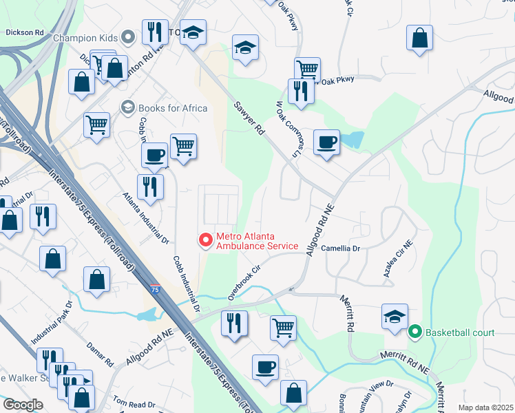 map of restaurants, bars, coffee shops, grocery stores, and more near 1113 Brook Avenue in Marietta