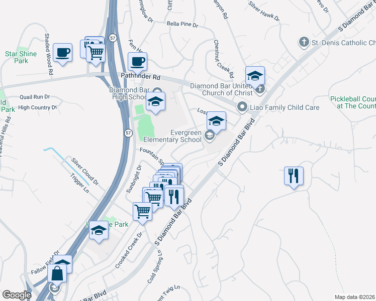 map of restaurants, bars, coffee shops, grocery stores, and more near 2503 Harmony Hill Drive in Diamond Bar