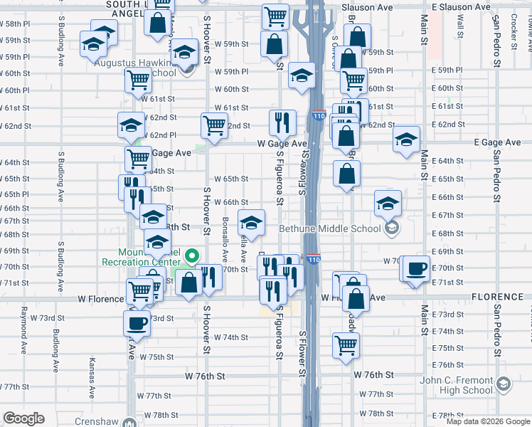 map of restaurants, bars, coffee shops, grocery stores, and more near 6616 Denver Avenue in Los Angeles