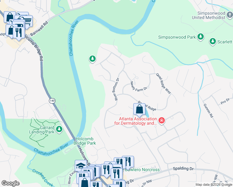 map of restaurants, bars, coffee shops, grocery stores, and more near 4314 Big House Road in Norcross