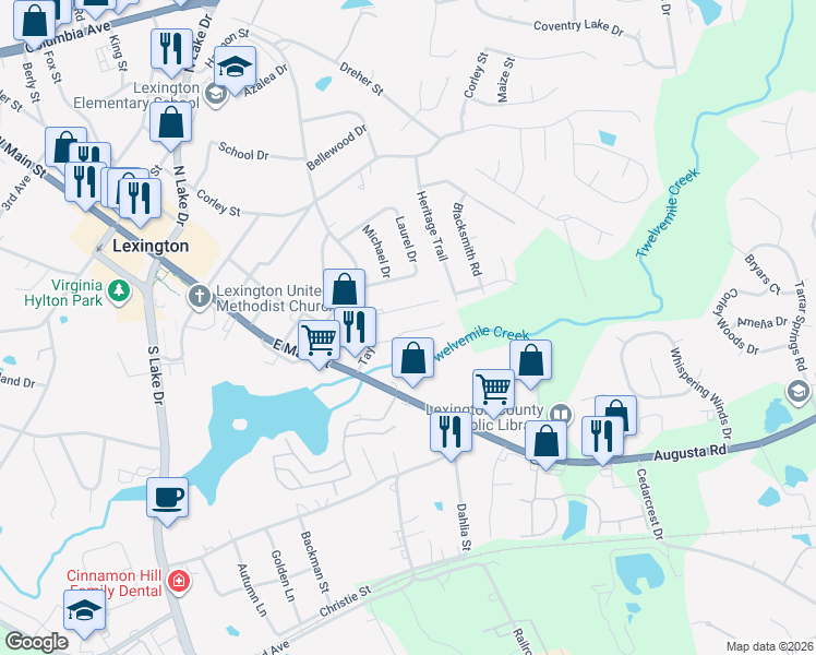 map of restaurants, bars, coffee shops, grocery stores, and more near 151 Tybo Drive in Lexington