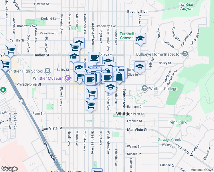 map of restaurants, bars, coffee shops, grocery stores, and more near 6745 Washington Avenue in Whittier